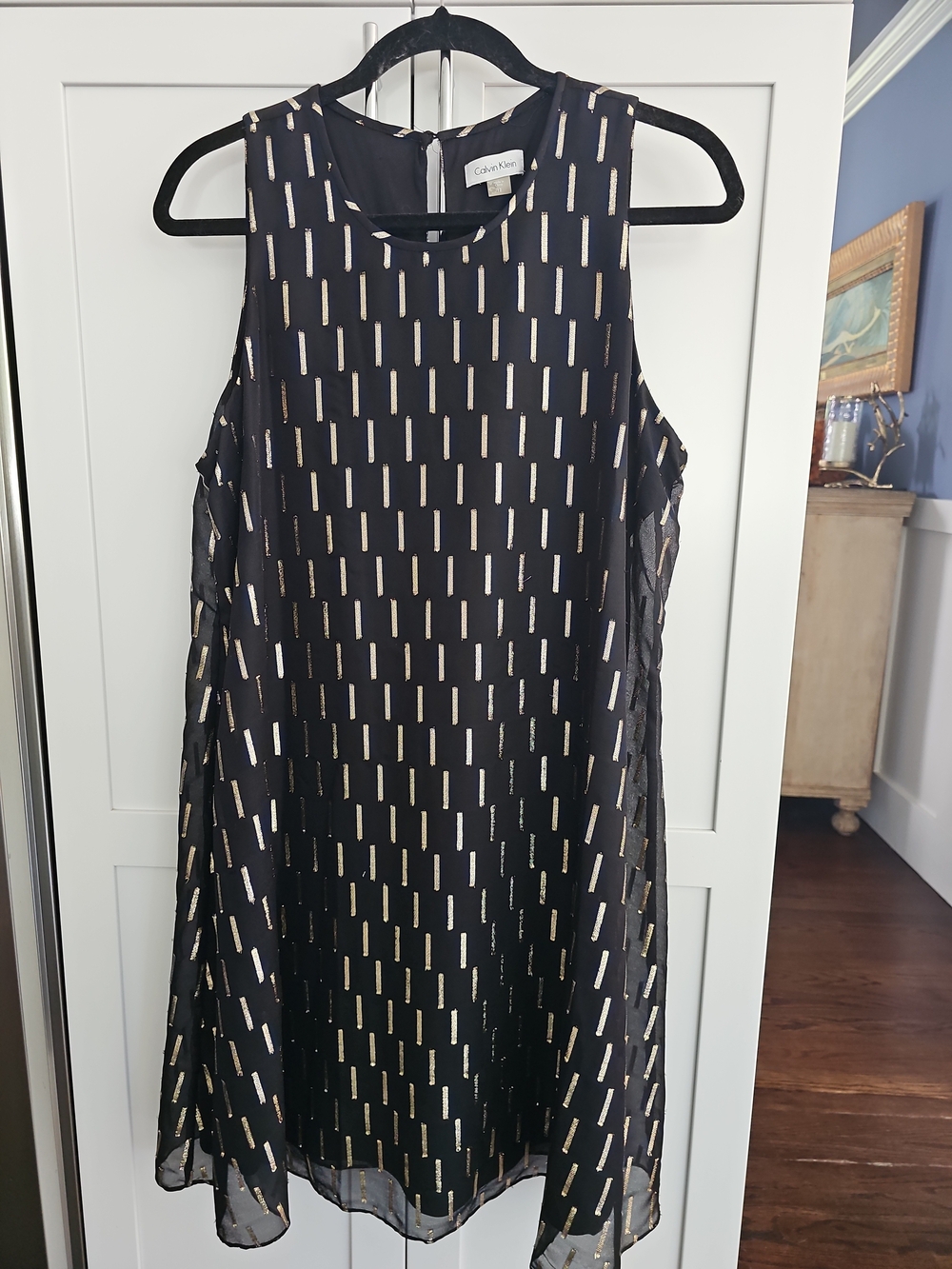 Calvin Klein Black Sleeveless Shift Dress with Gold Sequin Accents Size 12